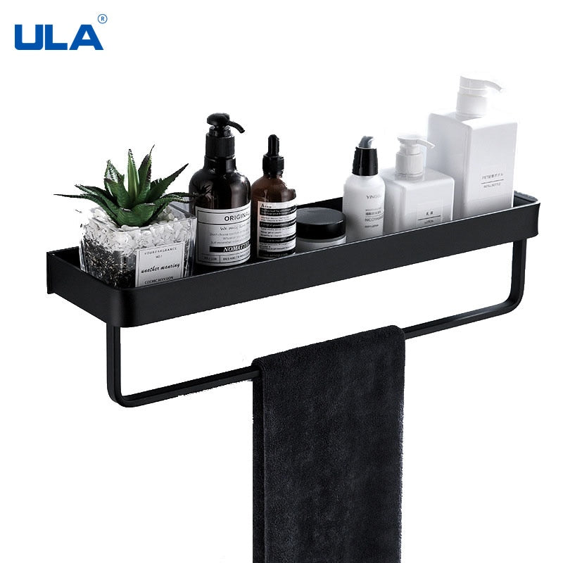 ULA Black Bathroom Shelf 30/40/50/60 cm Kitchen Wall Shelf Shower Holder Storage Rack Towel Bar Robe Hooks Bathroom Accessories