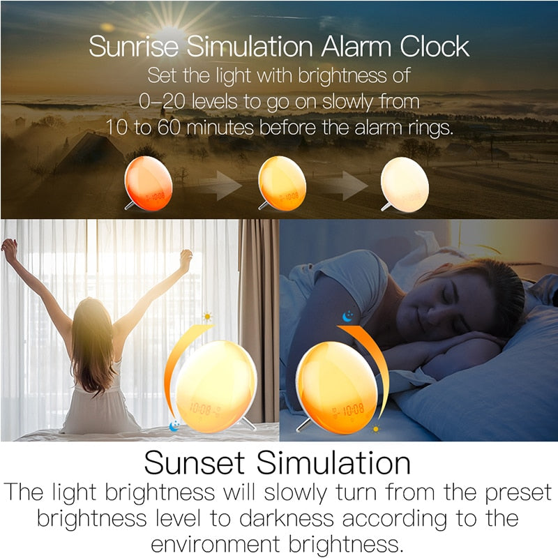 WiFi Smart Wake Up Light Clock Sunrise/Sunset Simulation 4 Alarms Works with Alexa Google Home and App Remote Control