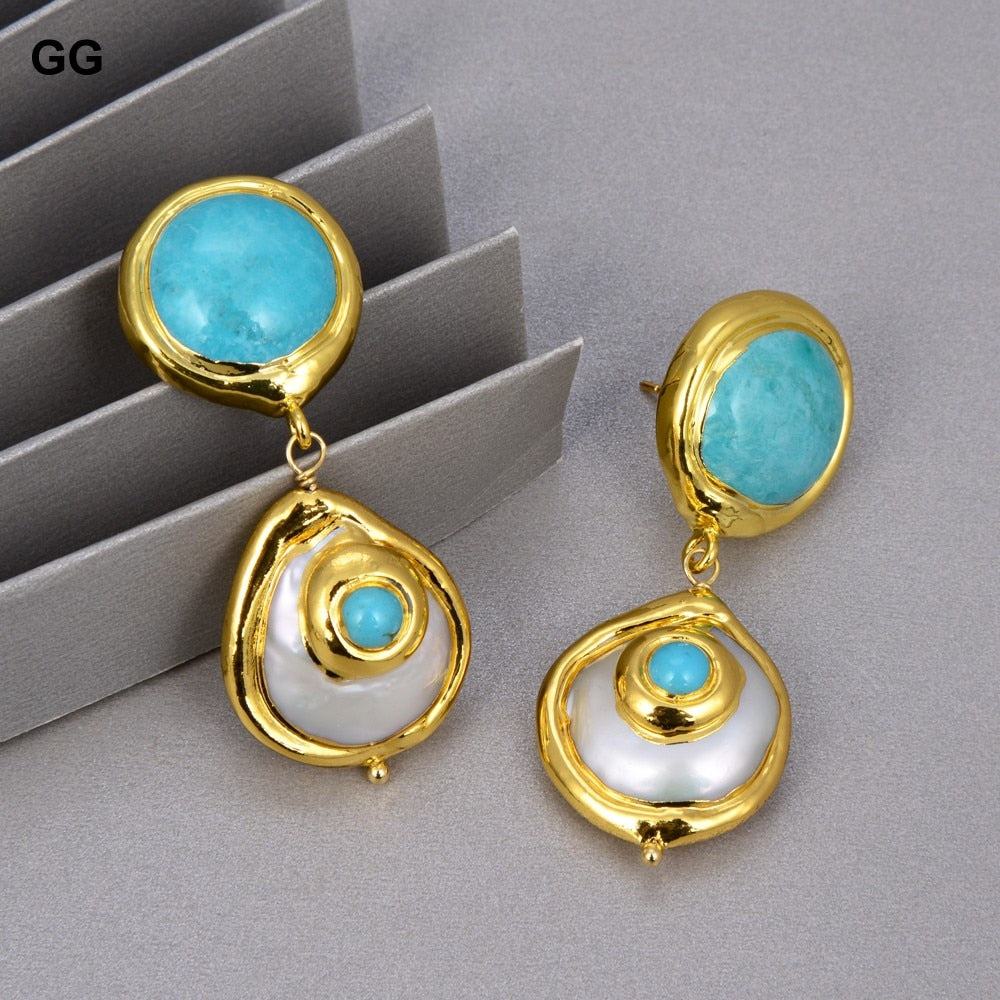 Natural Cultured Baroque Coin Pearl Gold Color Plated Blue Turquoises Necklace Bracelet Earrings Set