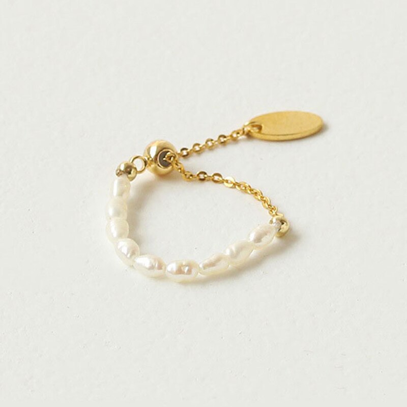 French Simple Retro Pearl Chain Pull Adjustment Gold Ring