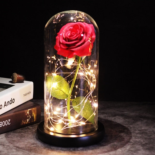 LED Enchanted Galaxy Rose Eternal 24K Gold Foil Flower With Fairy String Lights In Dome