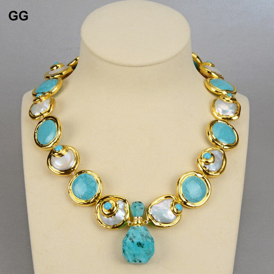 Natural Cultured Baroque Coin Pearl Gold Color Plated Blue Turquoises Necklace Bracelet Earrings Set