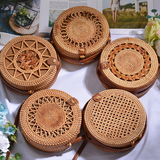 Bali Handmade Woven Rattan Bag - Round Straw Shoulder Bag Women - Summer Crossbody Bag - Boho Beach Circle Bag Zagiz