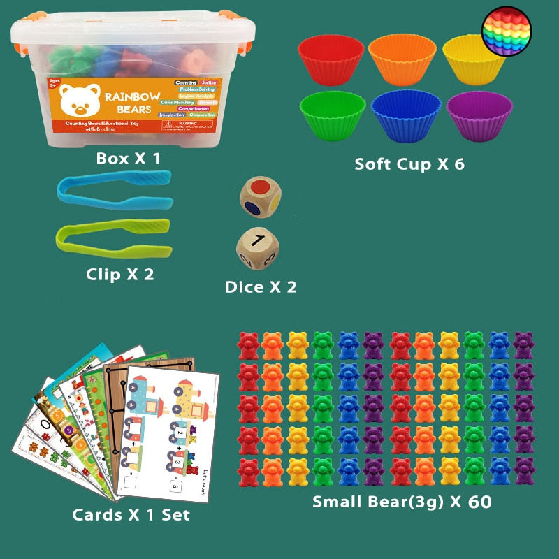 Montessori Toys Box Rainbow Stack Cups Counting Bears Color Weights Sensory Toys