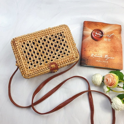 Bali Handmade Woven Rattan Bag - Round Straw Shoulder Bag Women - Summer Crossbody Bag - Boho Beach Circle Bag