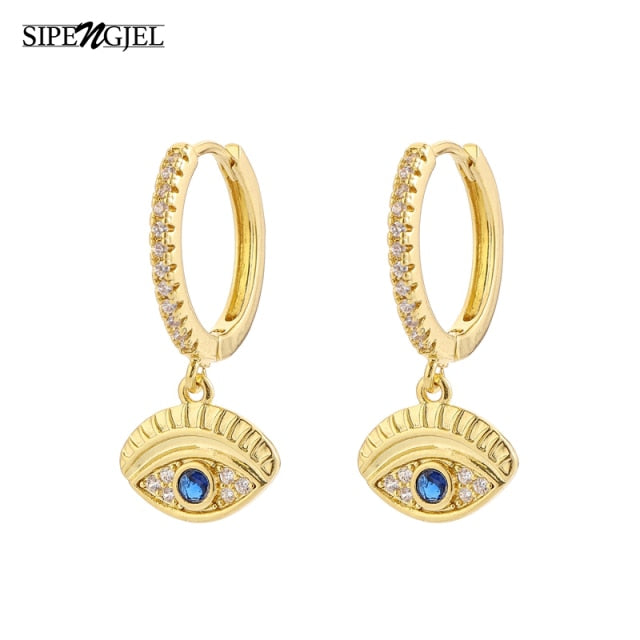 Blue Zircon Pendant 17MM Hoop Earrings Turkish Lucky Eye Dangle Drop Earrings
