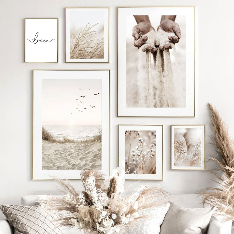 Grains Of Sand Bird Beach Reed Mushroom Beige Nature Nordic Poster Wall Art Print Canvas Painting Decor Pictures For Living Room