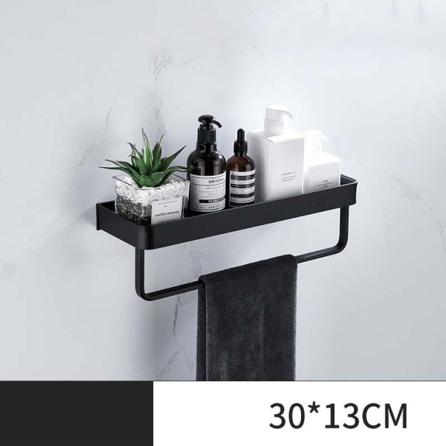 ULA Black Bathroom Shelf 30/40/50/60 cm Kitchen Wall Shelf Shower Holder Storage Rack Towel Bar Robe Hooks Bathroom Accessories
