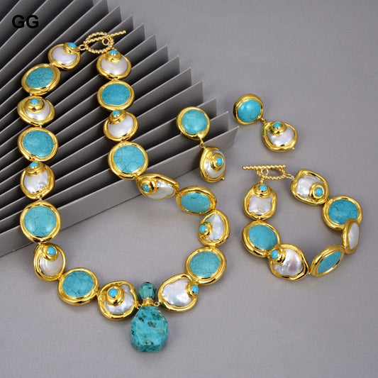 Natural Cultured Baroque Coin Pearl Gold Color Plated Blue Turquoises Necklace Bracelet Earrings Set Zagiz
