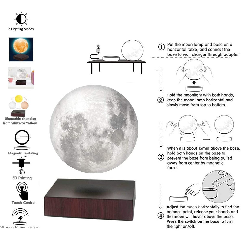 3D Rotating Floating Moon Night Light Touch 3 Colors