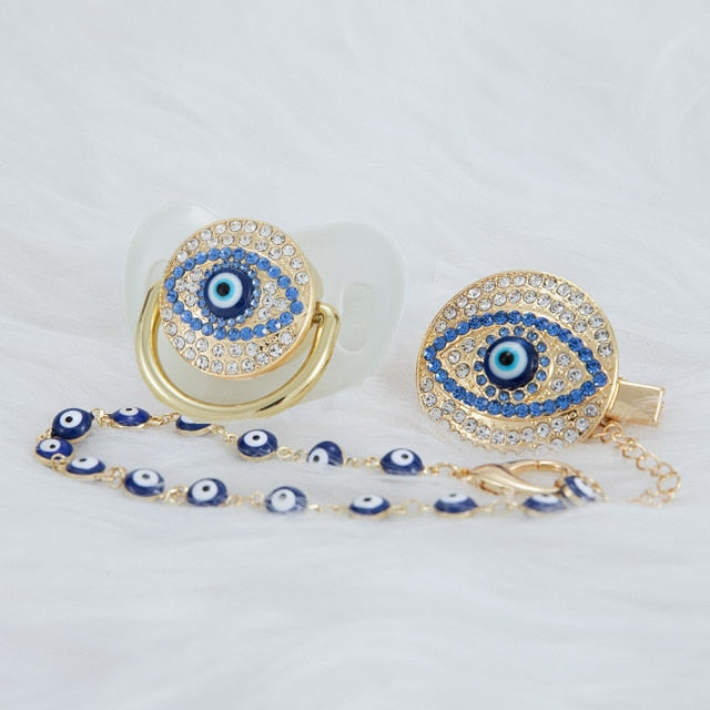 Evil eye pacifier and clip set chain holder